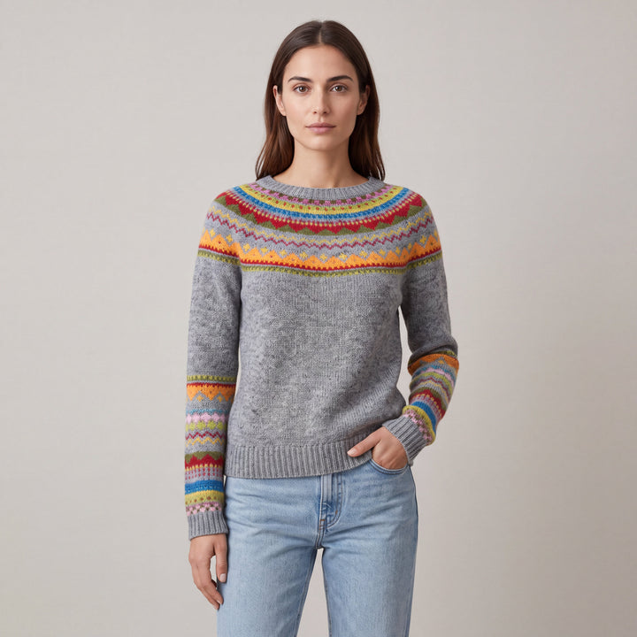 Women's multicolour Fair Isle boat neck sweater with long sleeves