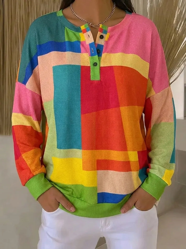 Women's multicolor geometric color block sweatshirt with round neck and long sleeves