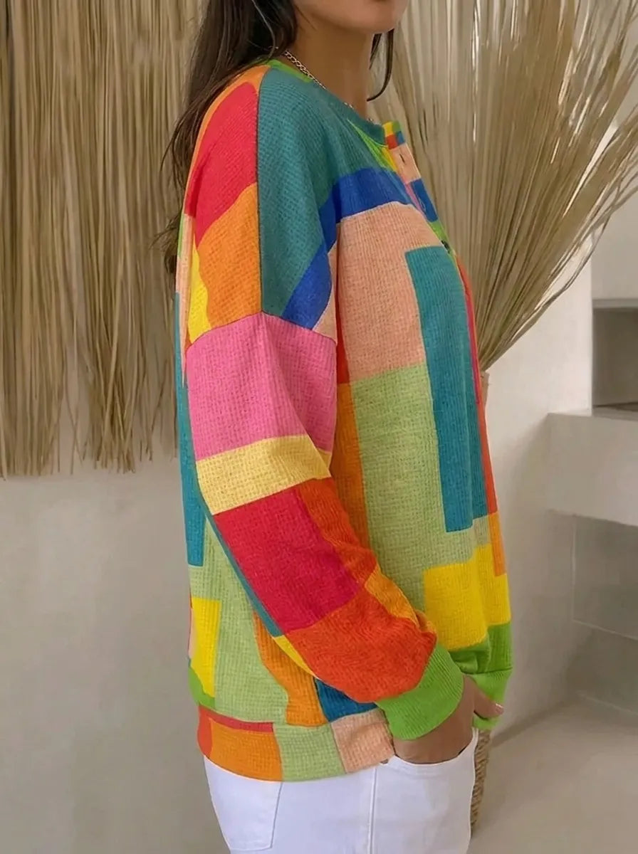 Women's multicolor geometric color block sweatshirt with round neck and long sleeves