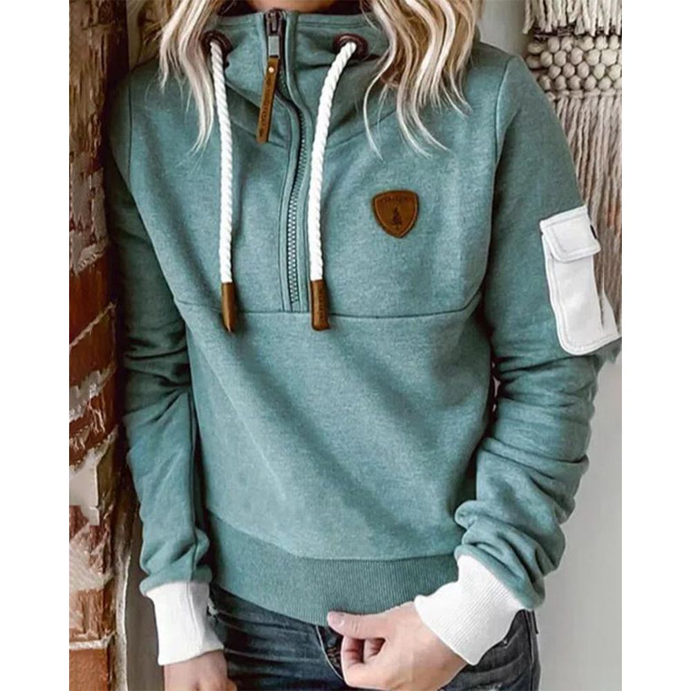 Women's solid zip-up hoodie with drawstring hood and sleeve pocket