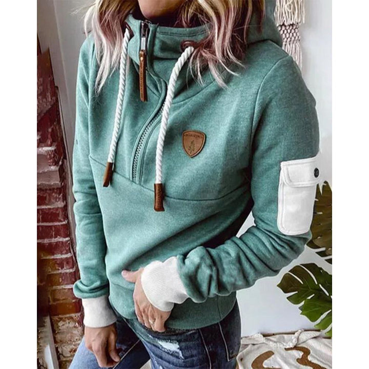 Women's solid zip-up hoodie with drawstring hood and sleeve pocket