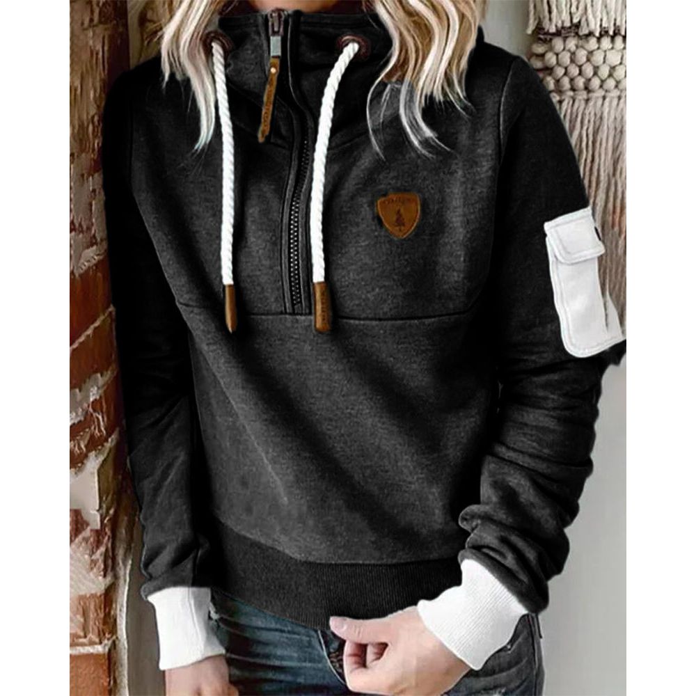 Women's solid zip-up hoodie with drawstring hood and sleeve pocket