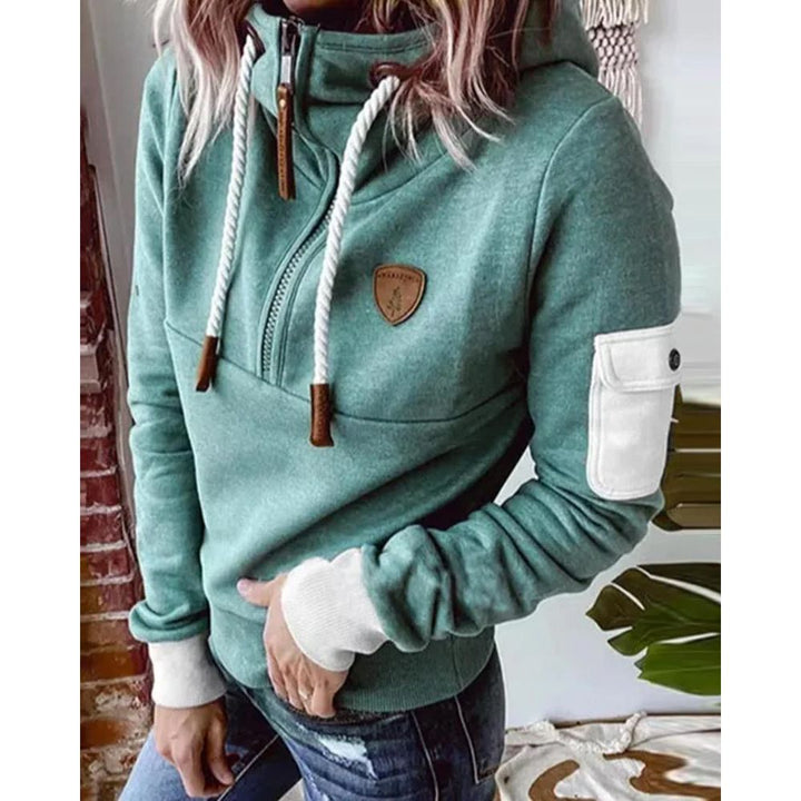Women's solid zip-up hoodie with drawstring hood and sleeve pocket