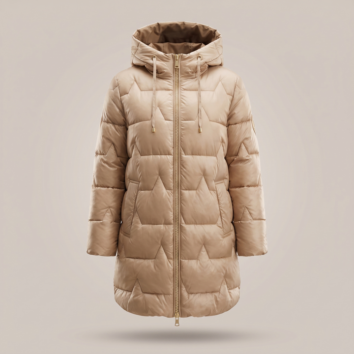 Women's long quilted hooded coat with front zipper and pockets