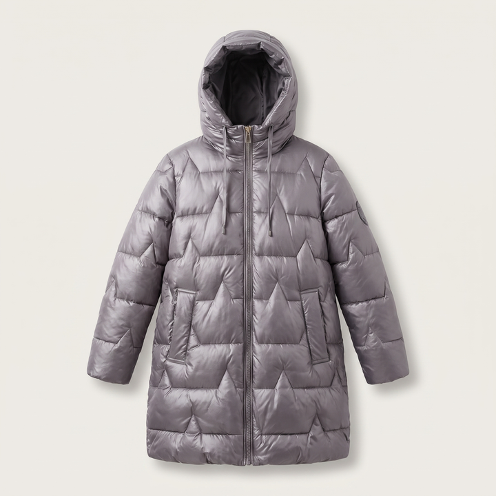 Women's long quilted hooded coat with front zipper and pockets