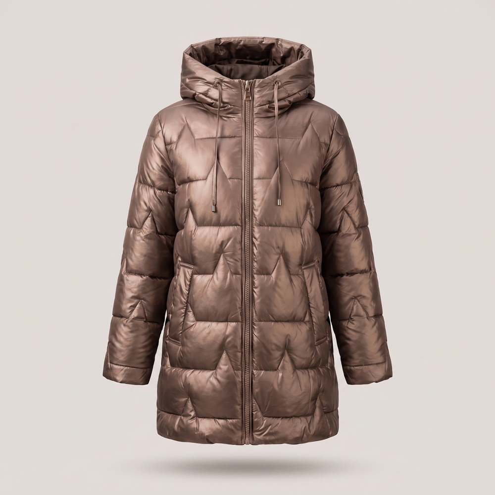 Women's long quilted hooded coat with front zipper and pockets