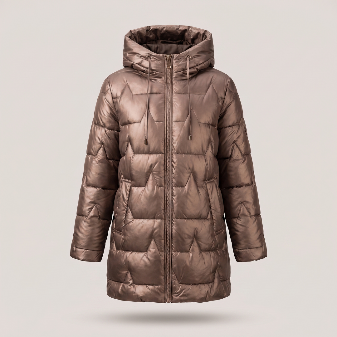 Women's long quilted hooded coat with front zipper and pockets