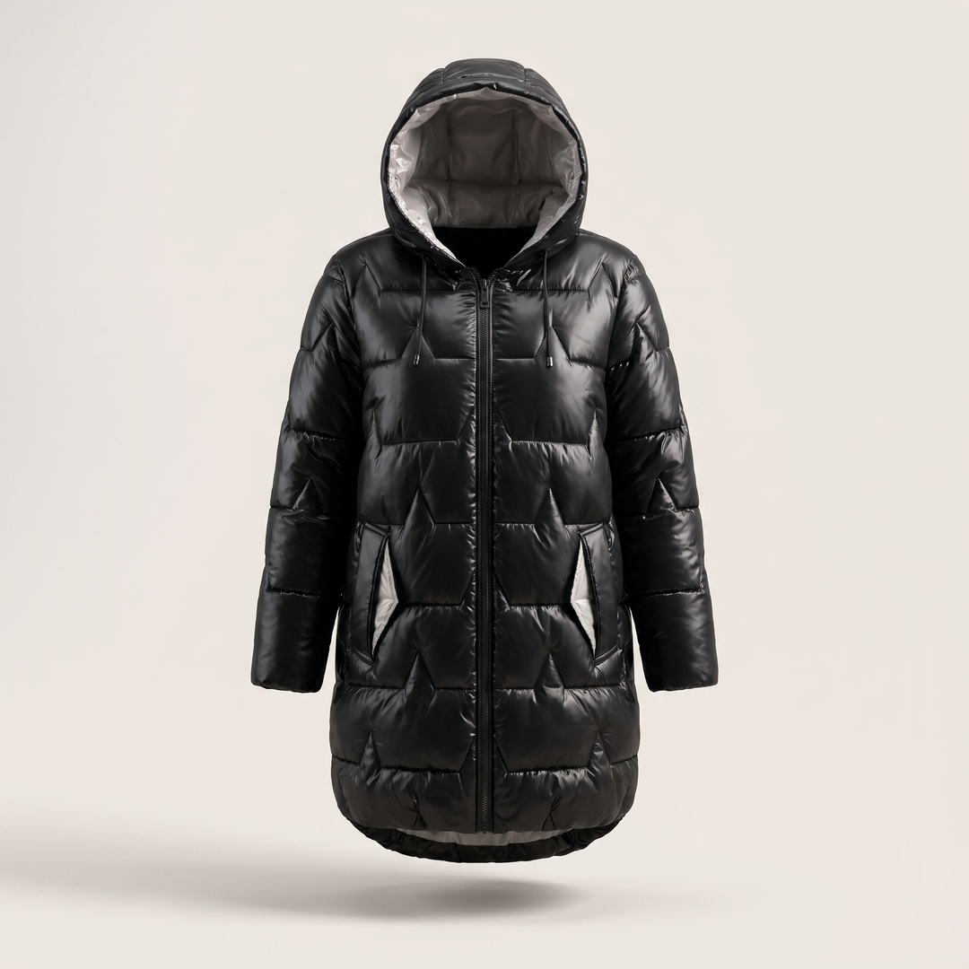 Women's long quilted hooded coat with front zipper and pockets
