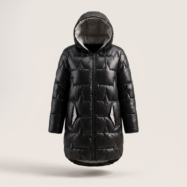 Women's long quilted hooded coat with front zipper and pockets