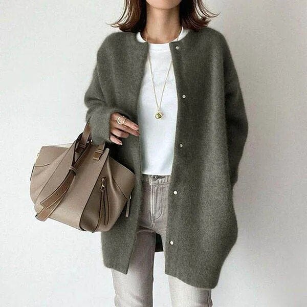 Women's long buttoned knit cardigan jacket with round neckline and long sleeves