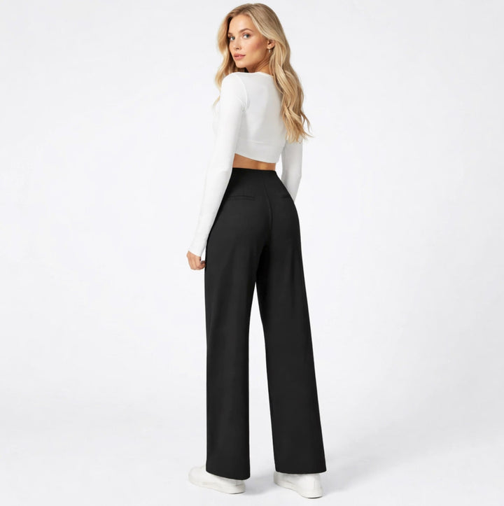 Women's high-waisted wide-leg full-length trousers shown in black and navy