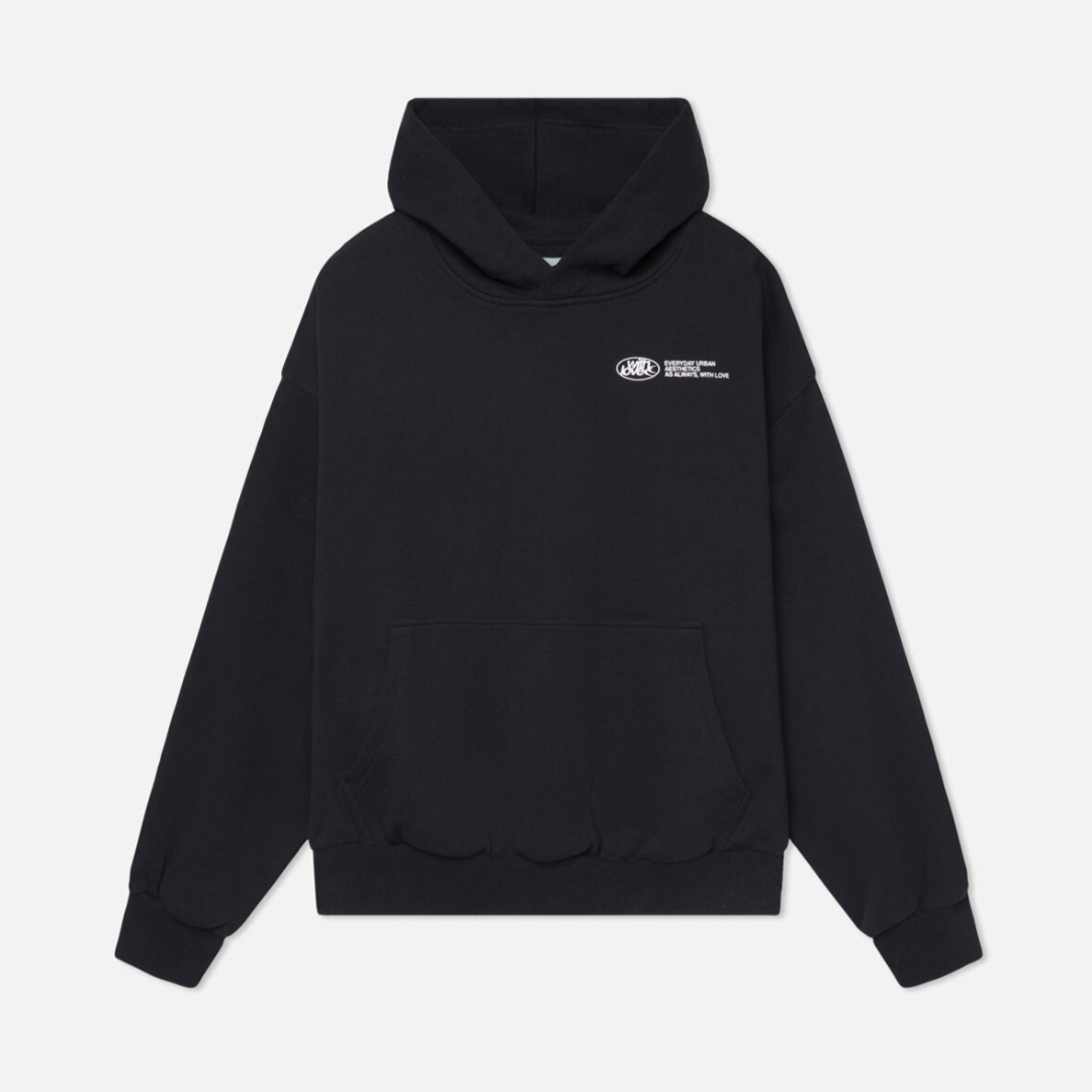 Unisex oversized hooded sweatshirt with contrasting graphic text and long sleeves