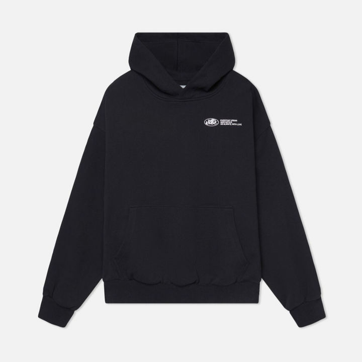 Unisex oversized hooded sweatshirt with contrasting graphic text and long sleeves