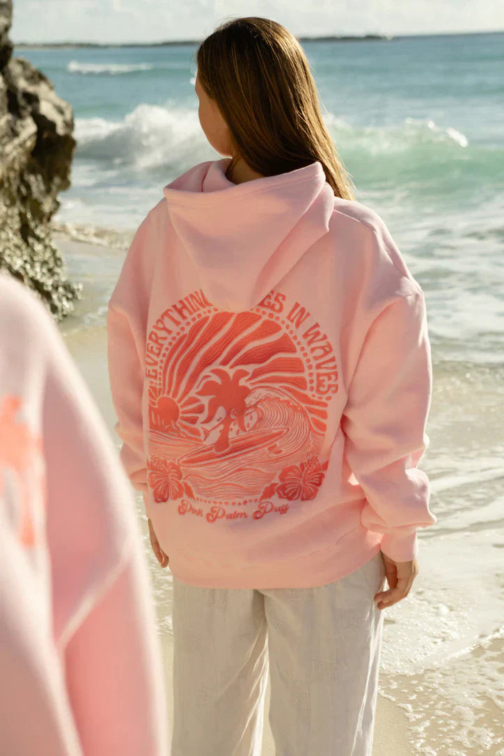 Women's hooded sweatshirt with large illustrated graphic back print and ribbed trims