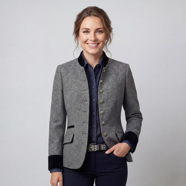 Women's fitted textured blazer with stand collar, buttons and flap pockets
