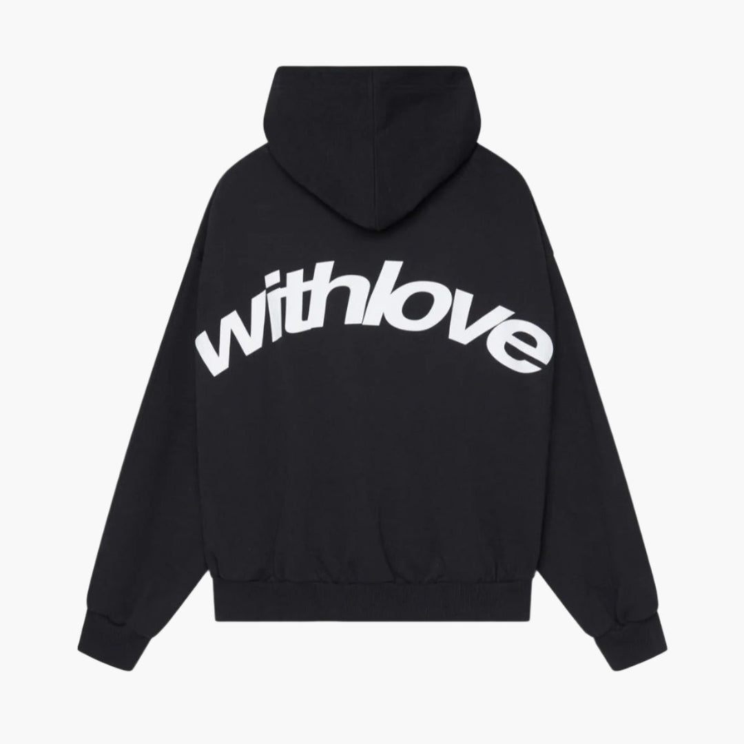 Unisex oversized hooded sweatshirt with contrasting graphic text and long sleeves