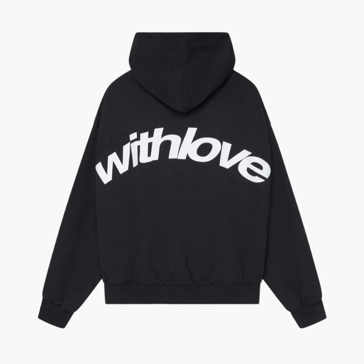 Unisex oversized hooded sweatshirt with contrasting graphic text and long sleeves