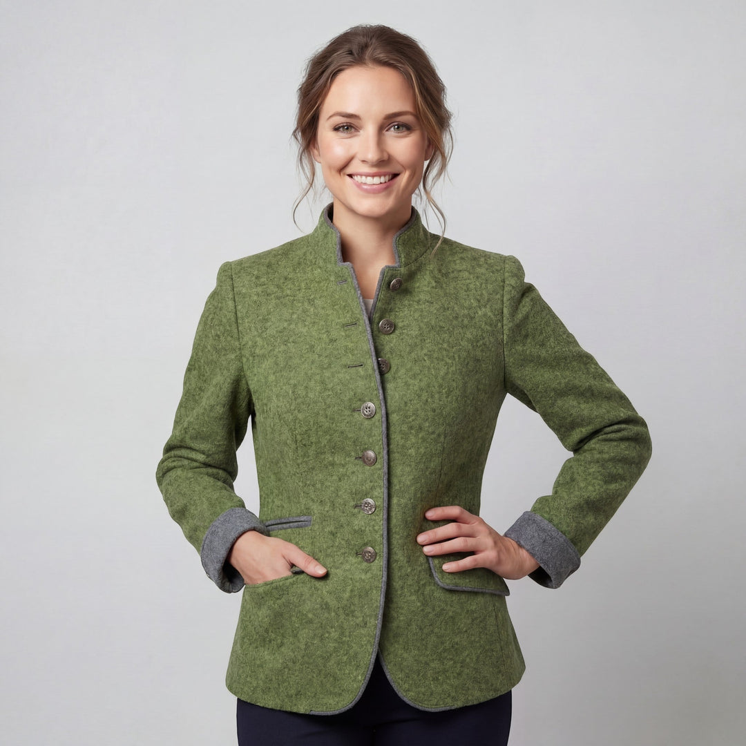 Women's fitted textured blazer with stand collar, buttons and flap pockets