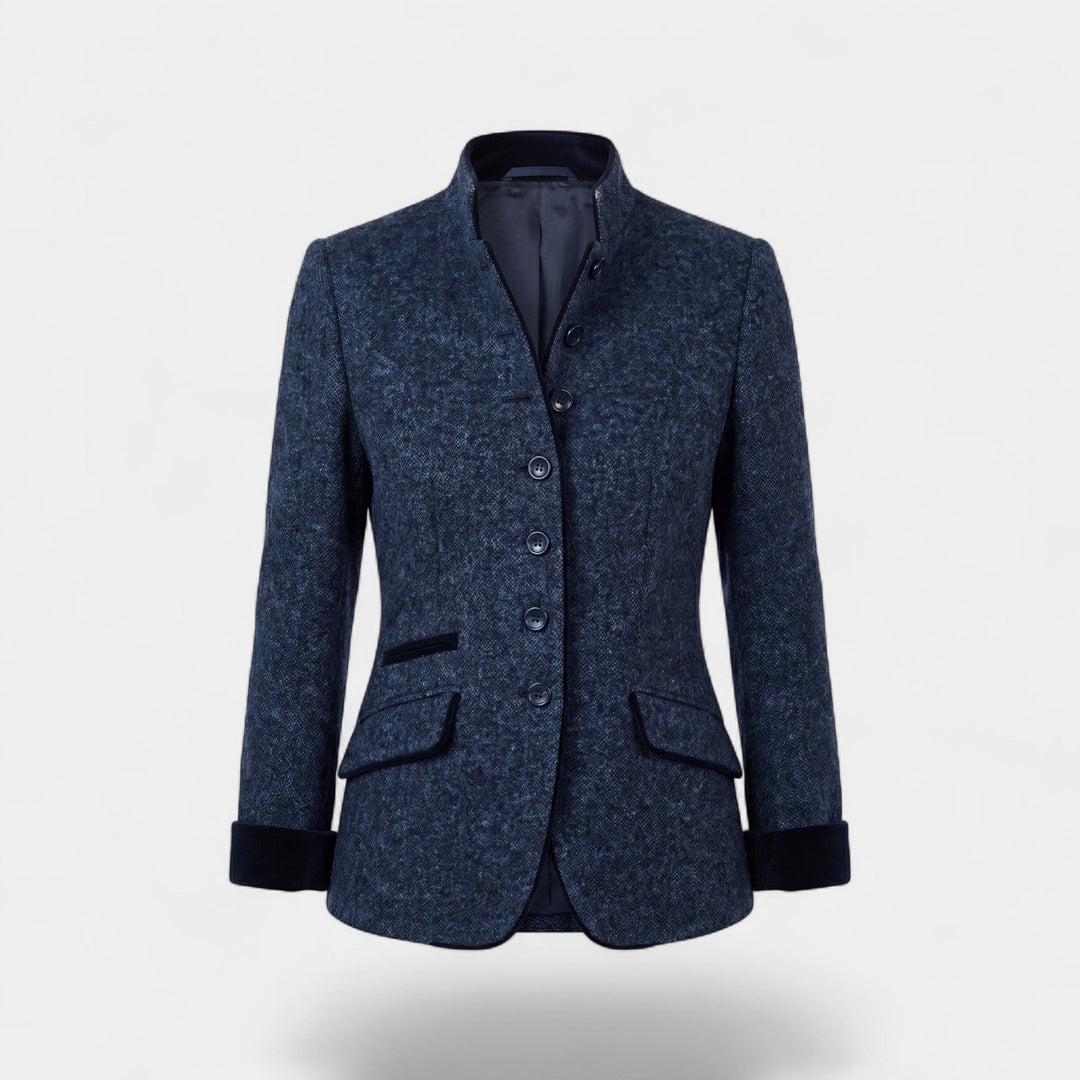 Women's fitted textured blazer with stand collar, buttons and flap pockets