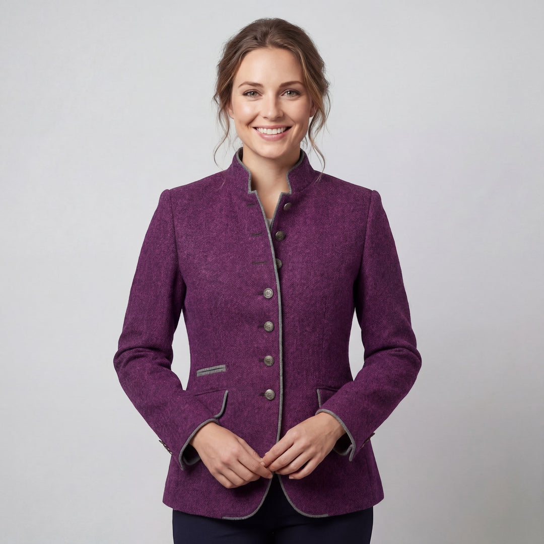 Women's fitted textured blazer with stand collar, buttons and flap pockets