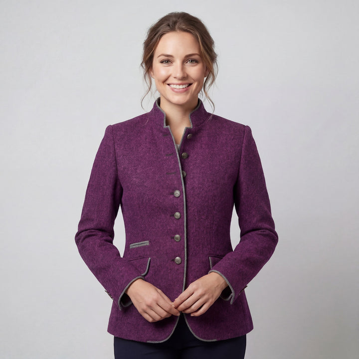 Women's fitted textured blazer with stand collar, buttons and flap pockets