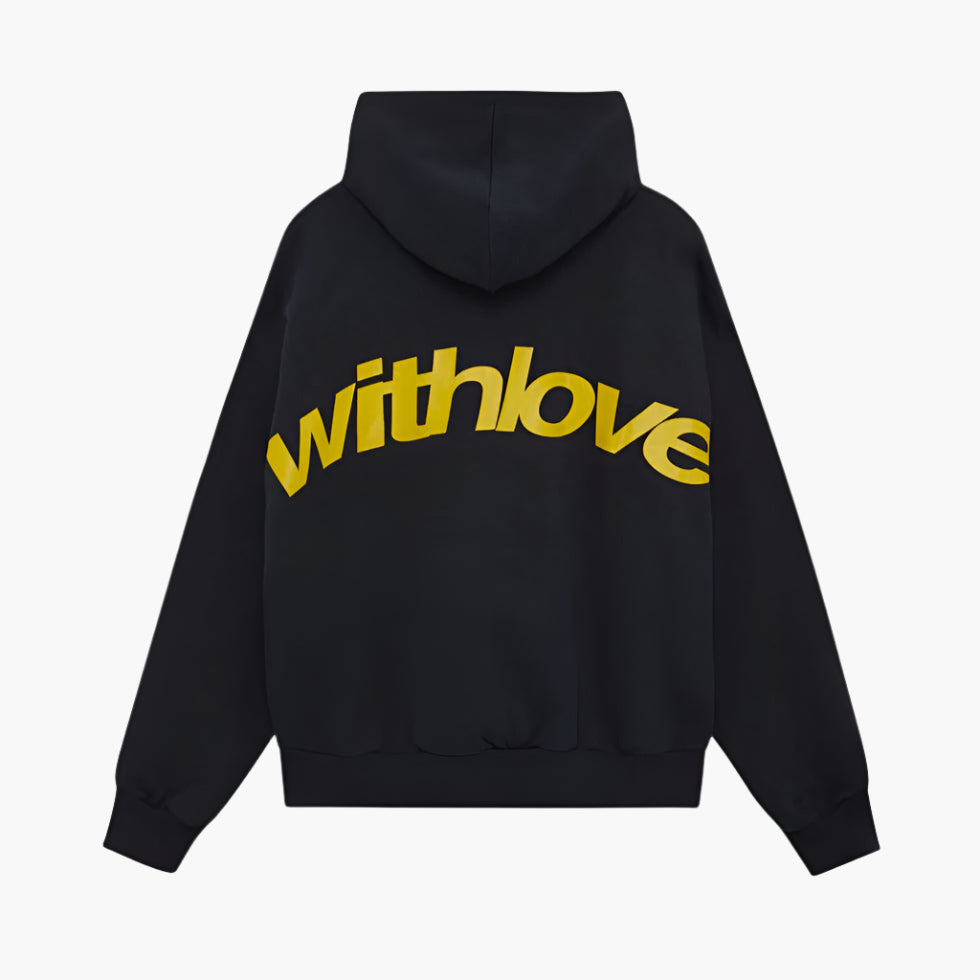 Unisex oversized hooded sweatshirt with contrasting graphic text and long sleeves