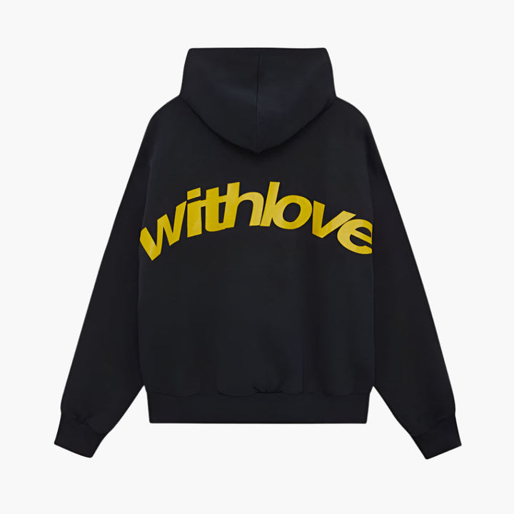 Unisex oversized hooded sweatshirt with contrasting graphic text and long sleeves