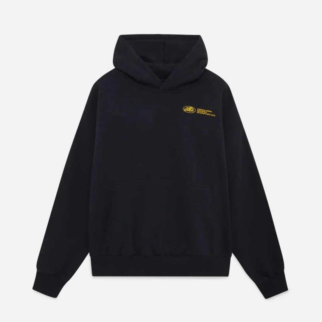 Unisex oversized hooded sweatshirt with contrasting graphic text and long sleeves