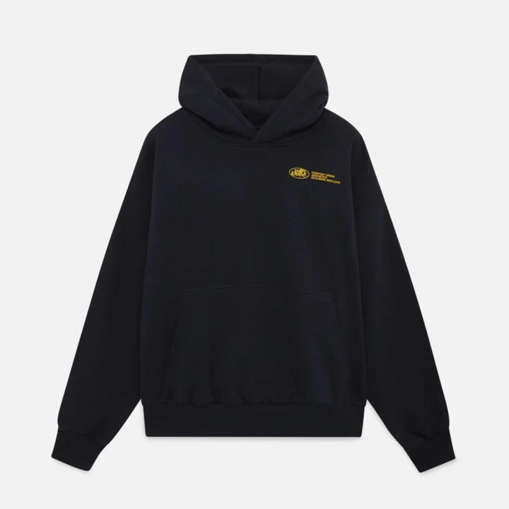Unisex oversized hooded sweatshirt with contrasting graphic text and long sleeves
