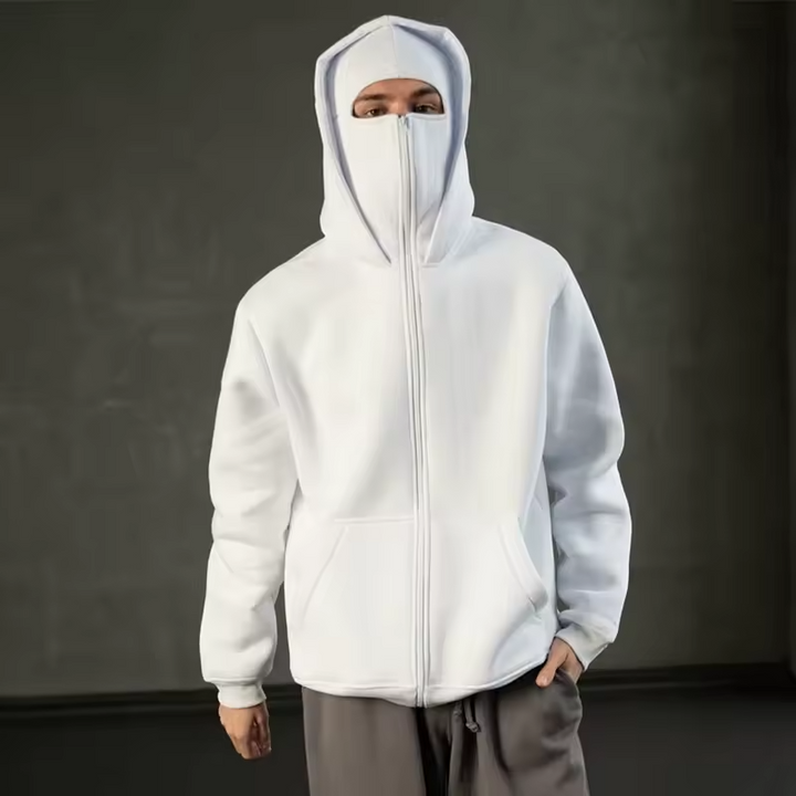 Unisex hooded zip hoodie with integrated face cover and front pockets