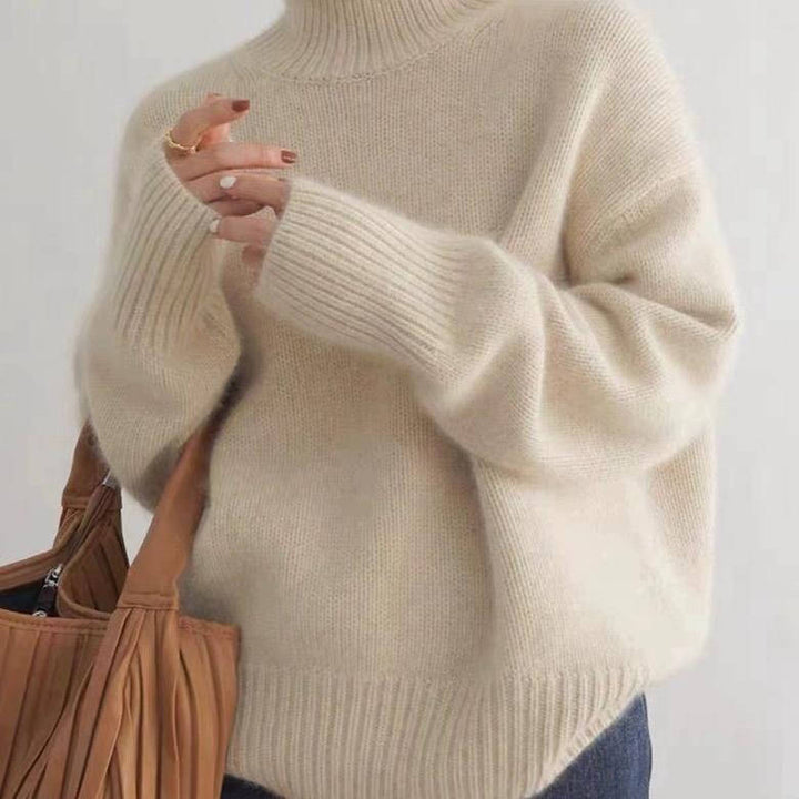 Women's plain ribbed turtleneck sweater with long sleeves and relaxed fit
