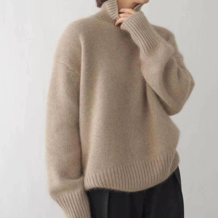 Women's plain ribbed turtleneck sweater with long sleeves and relaxed fit