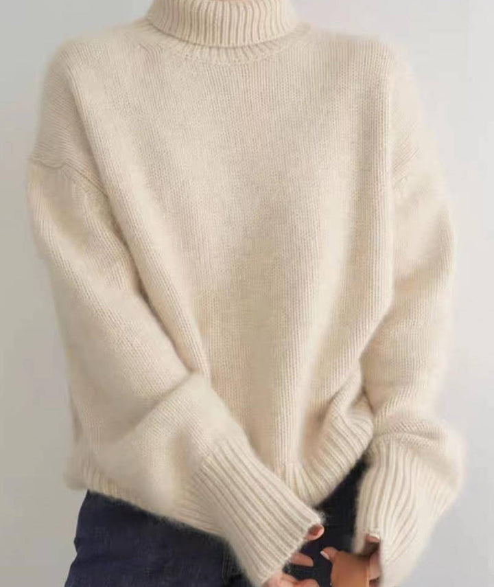 Women's plain ribbed turtleneck sweater with long sleeves and relaxed fit
