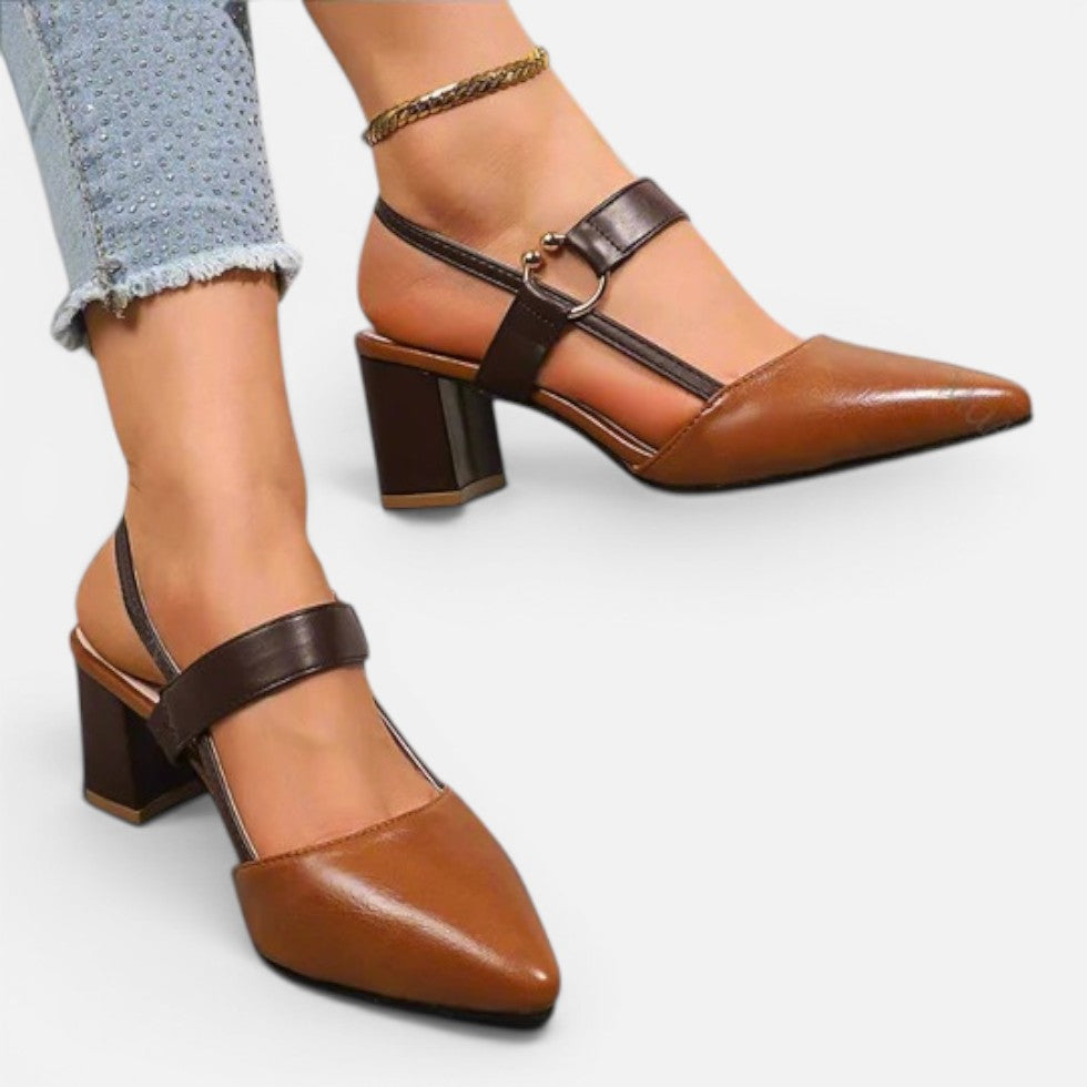 Women's pointed toe block heel shoes with cross straps and ankle fastening