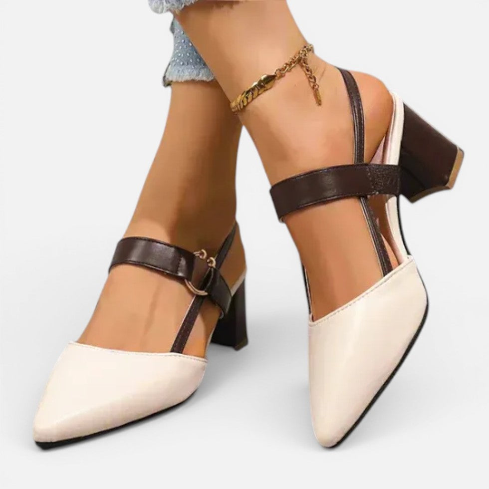 Women's pointed toe block heel shoes with cross straps and ankle fastening