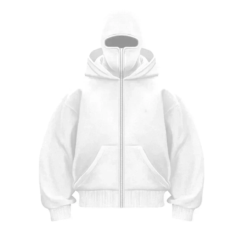 Unisex hooded zip hoodie with integrated face cover and front pockets