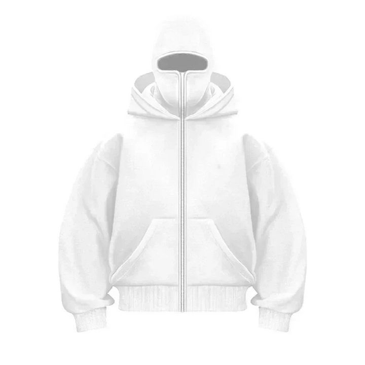 Unisex hooded zip hoodie with integrated face cover and front pockets