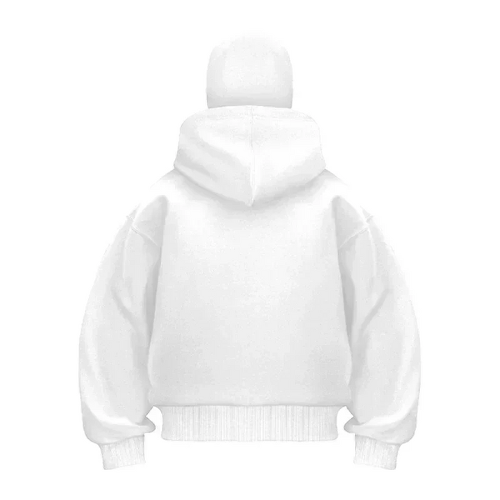 Unisex hooded zip hoodie with integrated face cover and front pockets