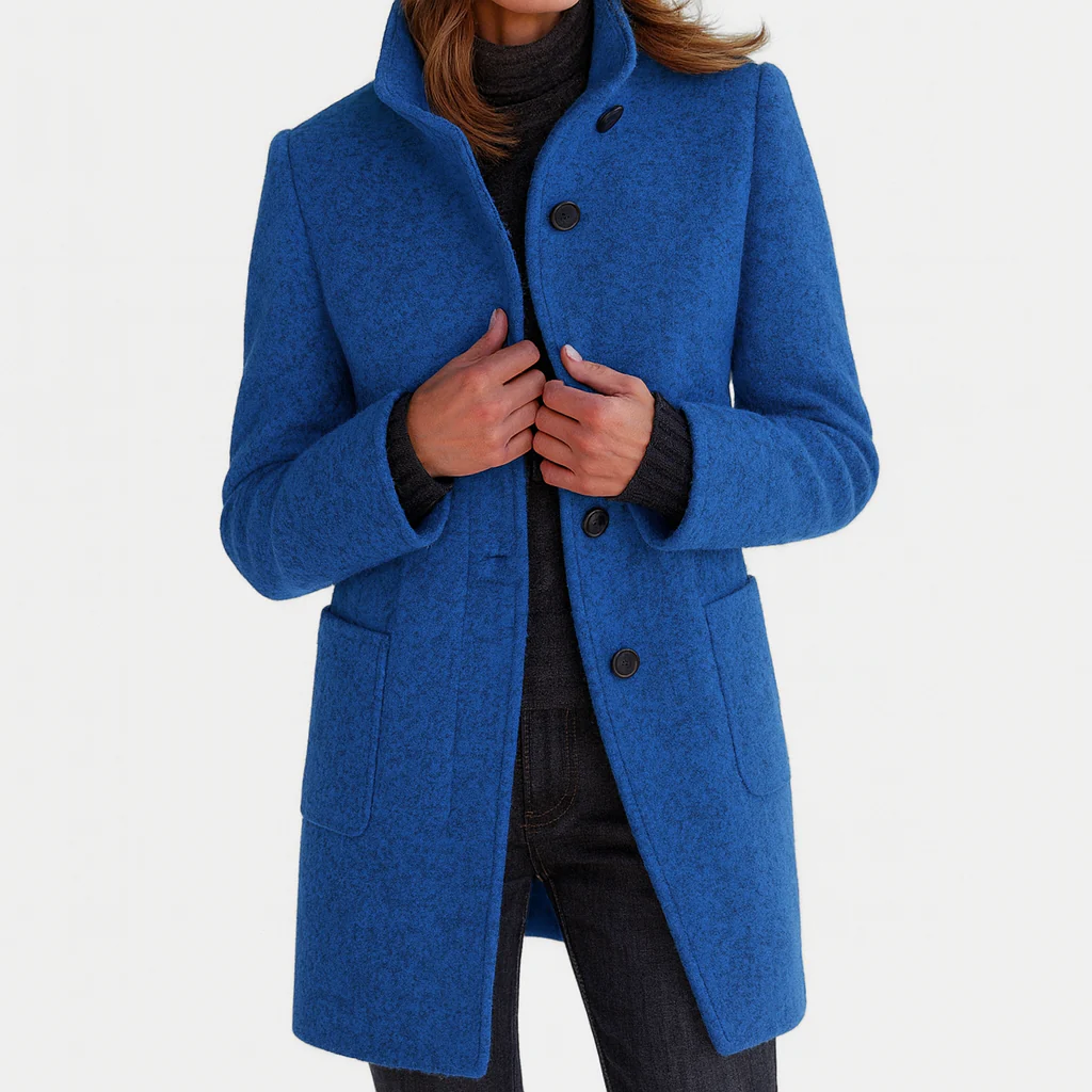 Women's structured longline coat with stand collar, button front and patch pockets