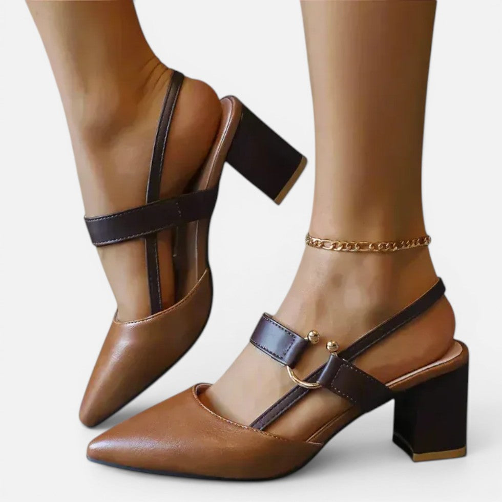 Women's pointed toe block heel shoes with cross straps and ankle fastening