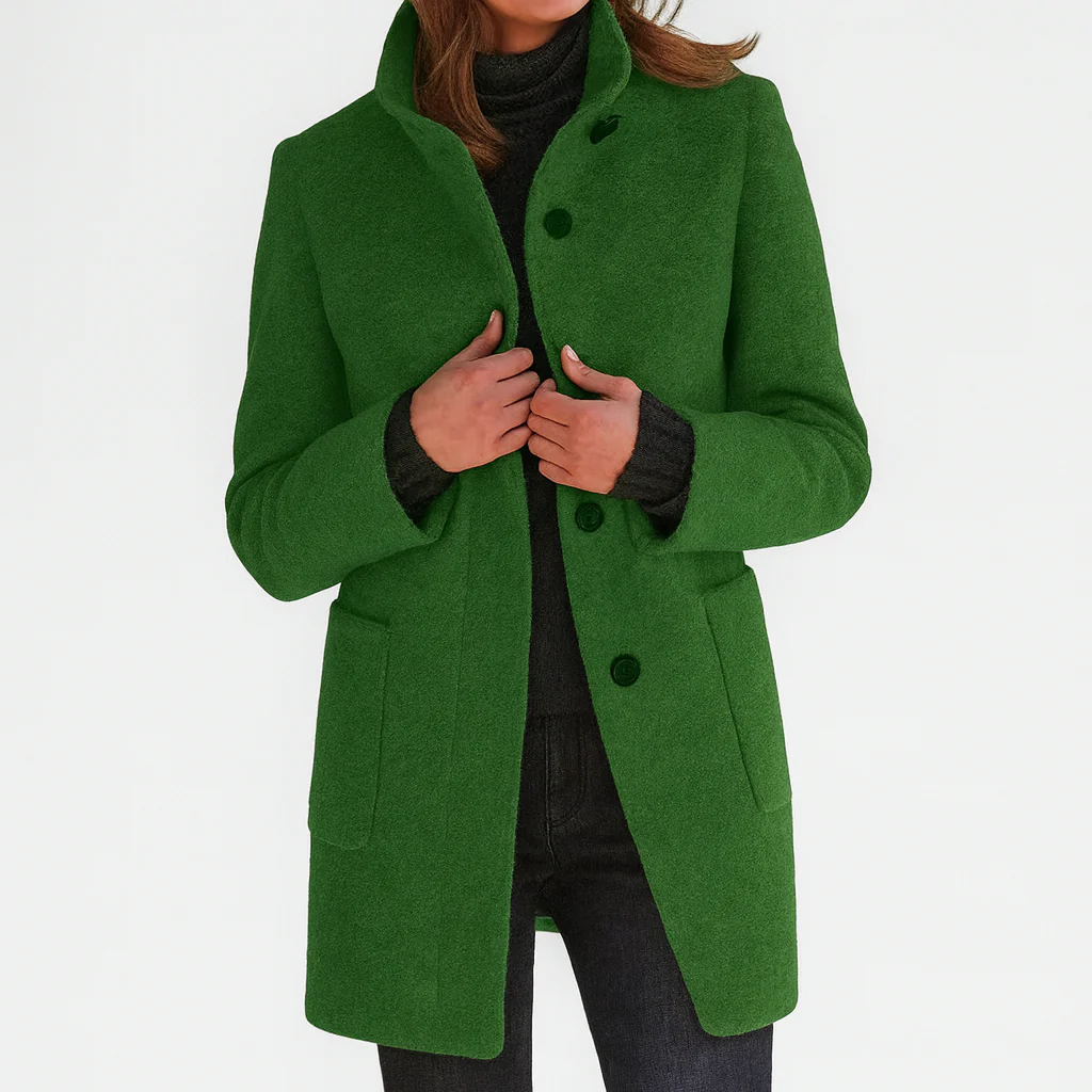 Women's structured longline coat with stand collar, button front and patch pockets