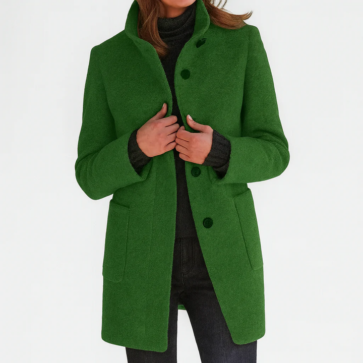 Women's structured longline coat with stand collar, button front and patch pockets