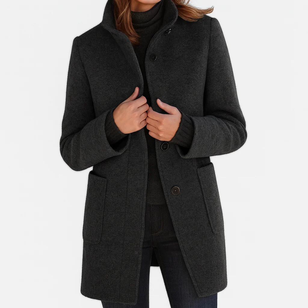 Women's structured longline coat with stand collar, button front and patch pockets