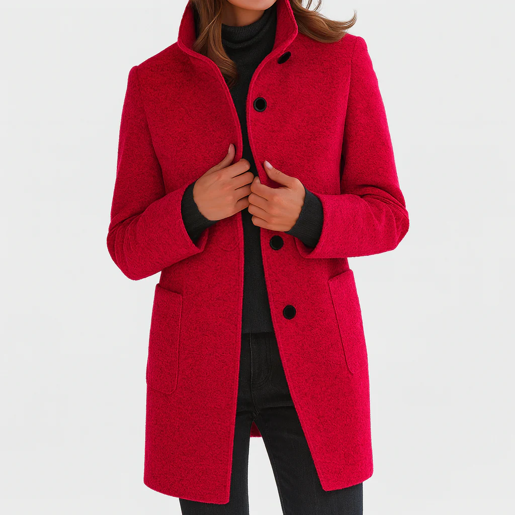 Women's structured longline coat with stand collar, button front and patch pockets