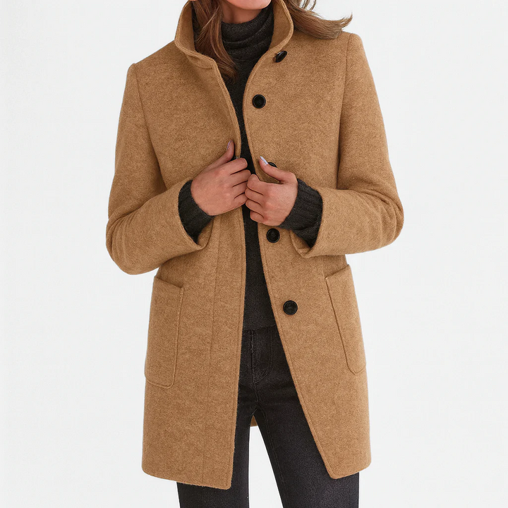 Women's structured longline coat with stand collar, button front and patch pockets