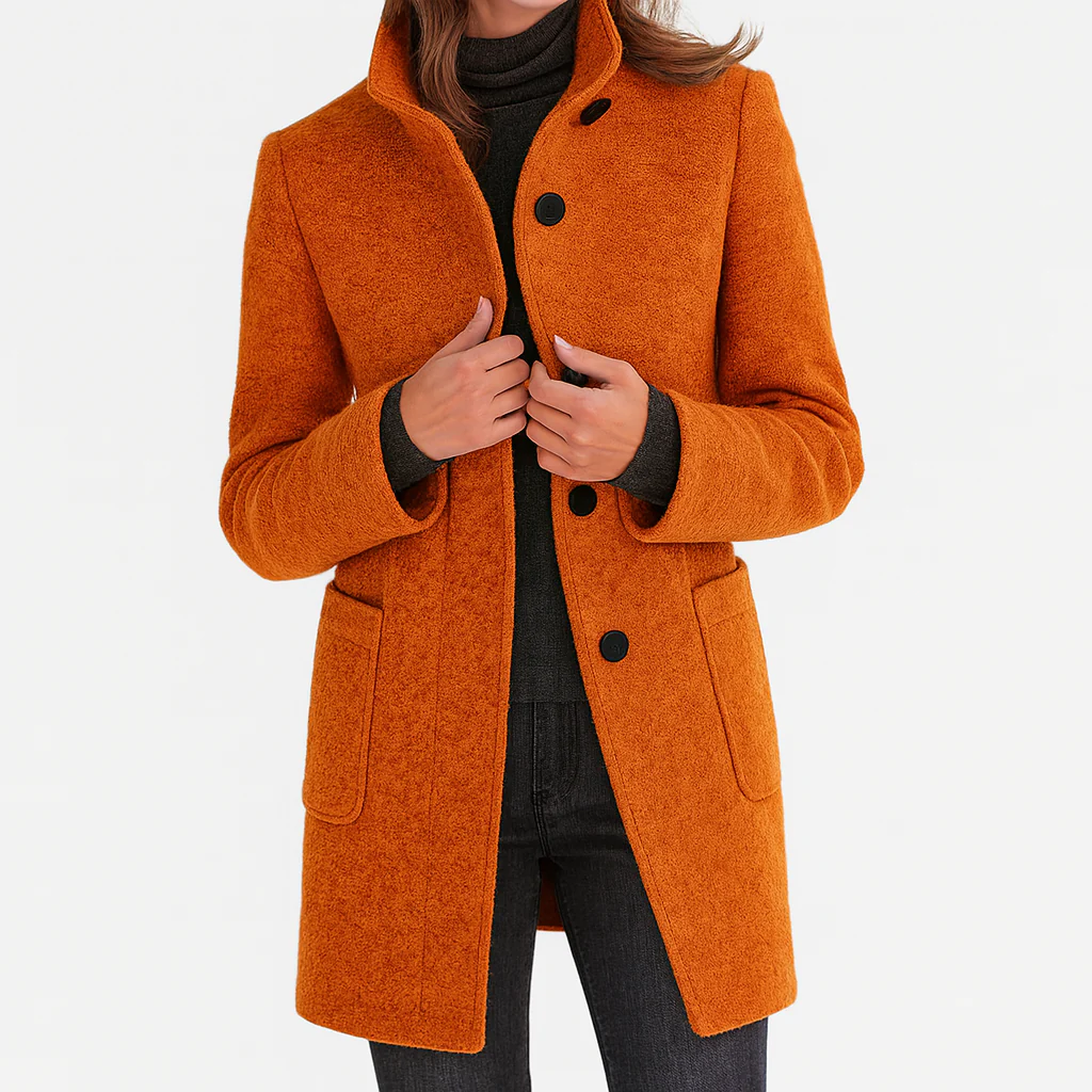 Women's structured longline coat with stand collar, button front and patch pockets