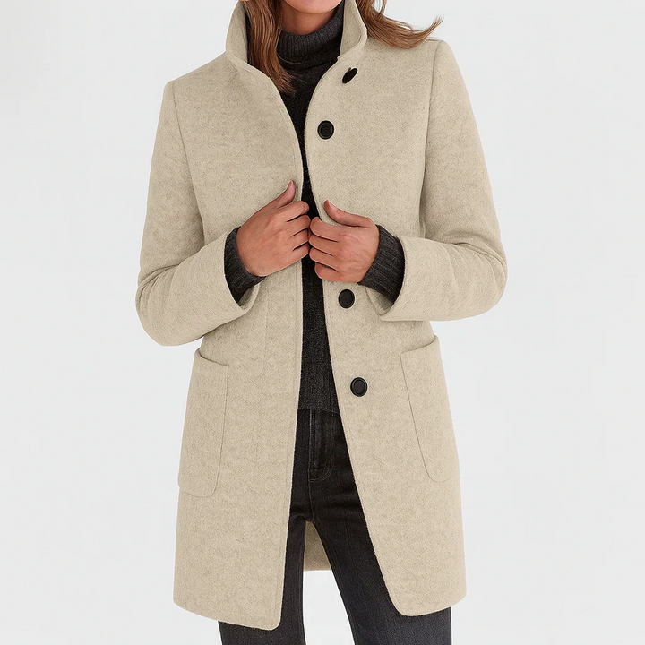 Women's structured longline coat with stand collar, button front and patch pockets