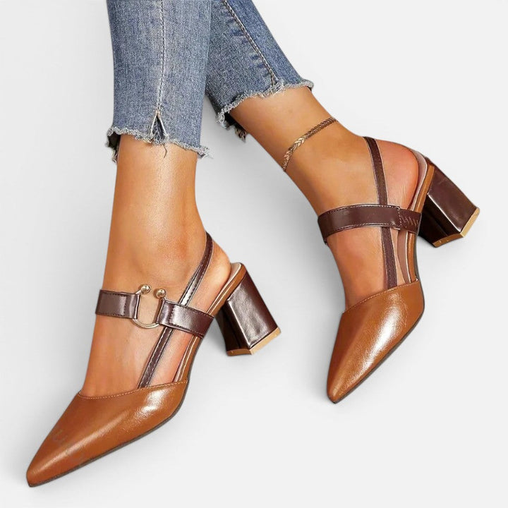 Women's pointed toe block heel shoes with cross straps and ankle fastening