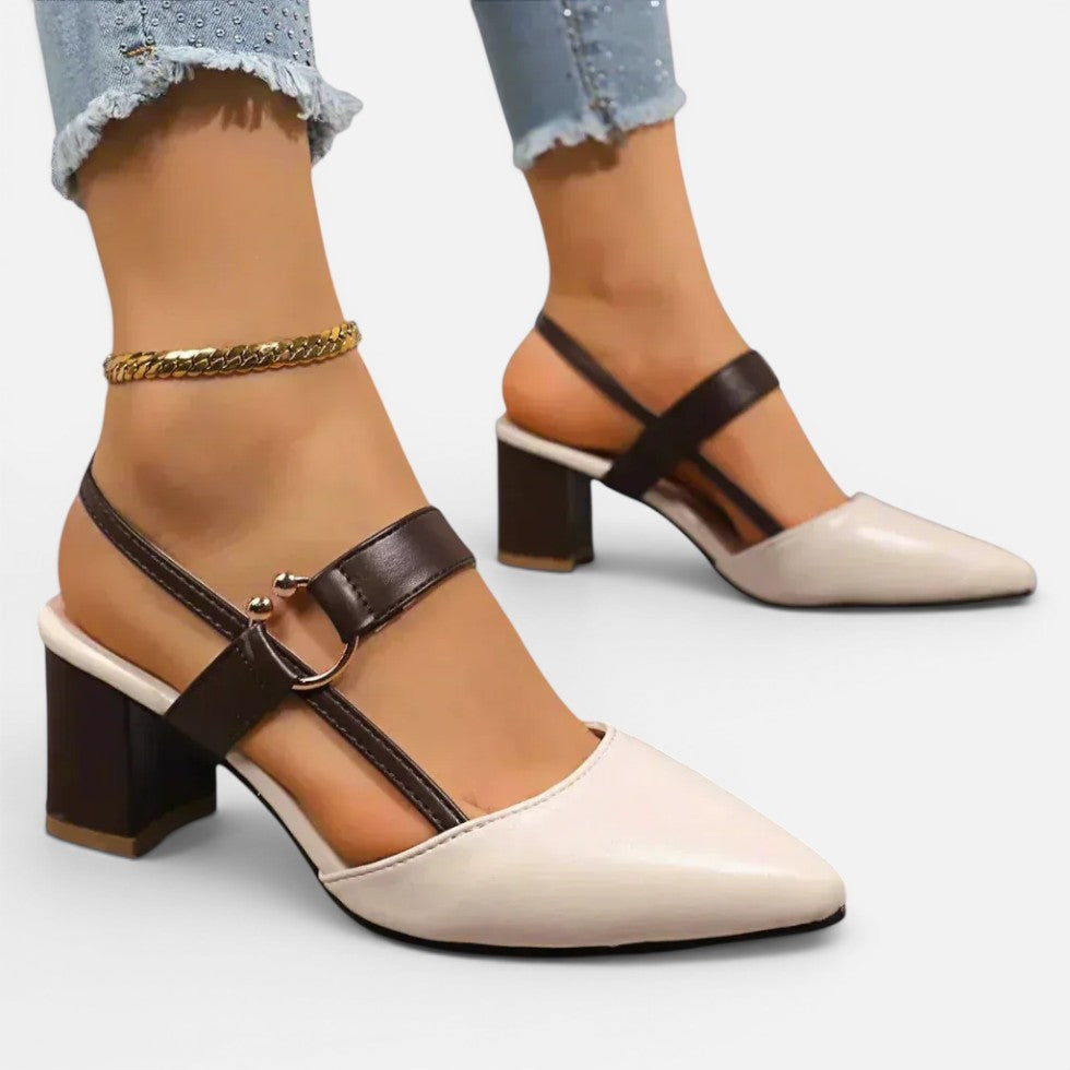 Women's pointed toe block heel shoes with cross straps and ankle fastening