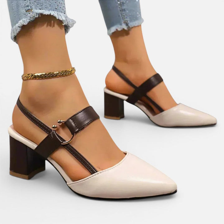 Women's pointed toe block heel shoes with cross straps and ankle fastening